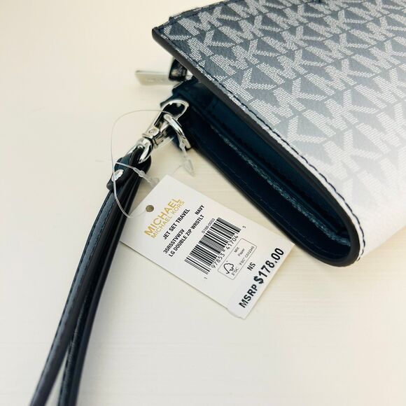 Michael Kors Double Zip Wallet Jet Set Large Ombré Signature Logo Wristlet Navy - Picture 3 of 4